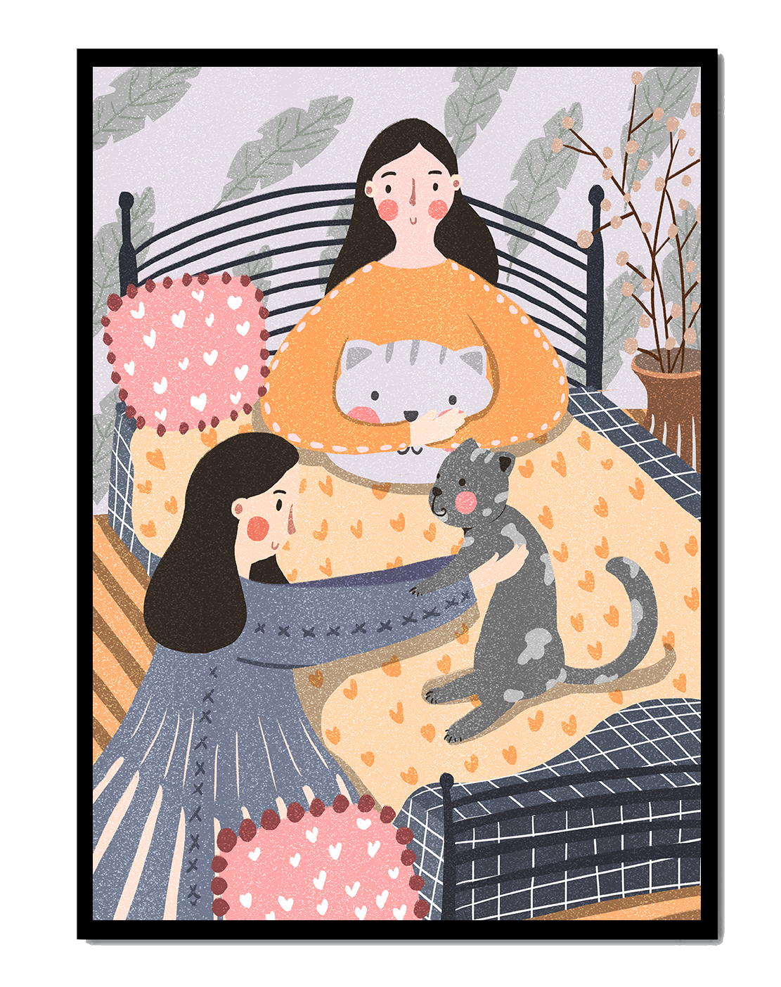 Escena interior acogedora con mujeres, gatos y elementos decorativos