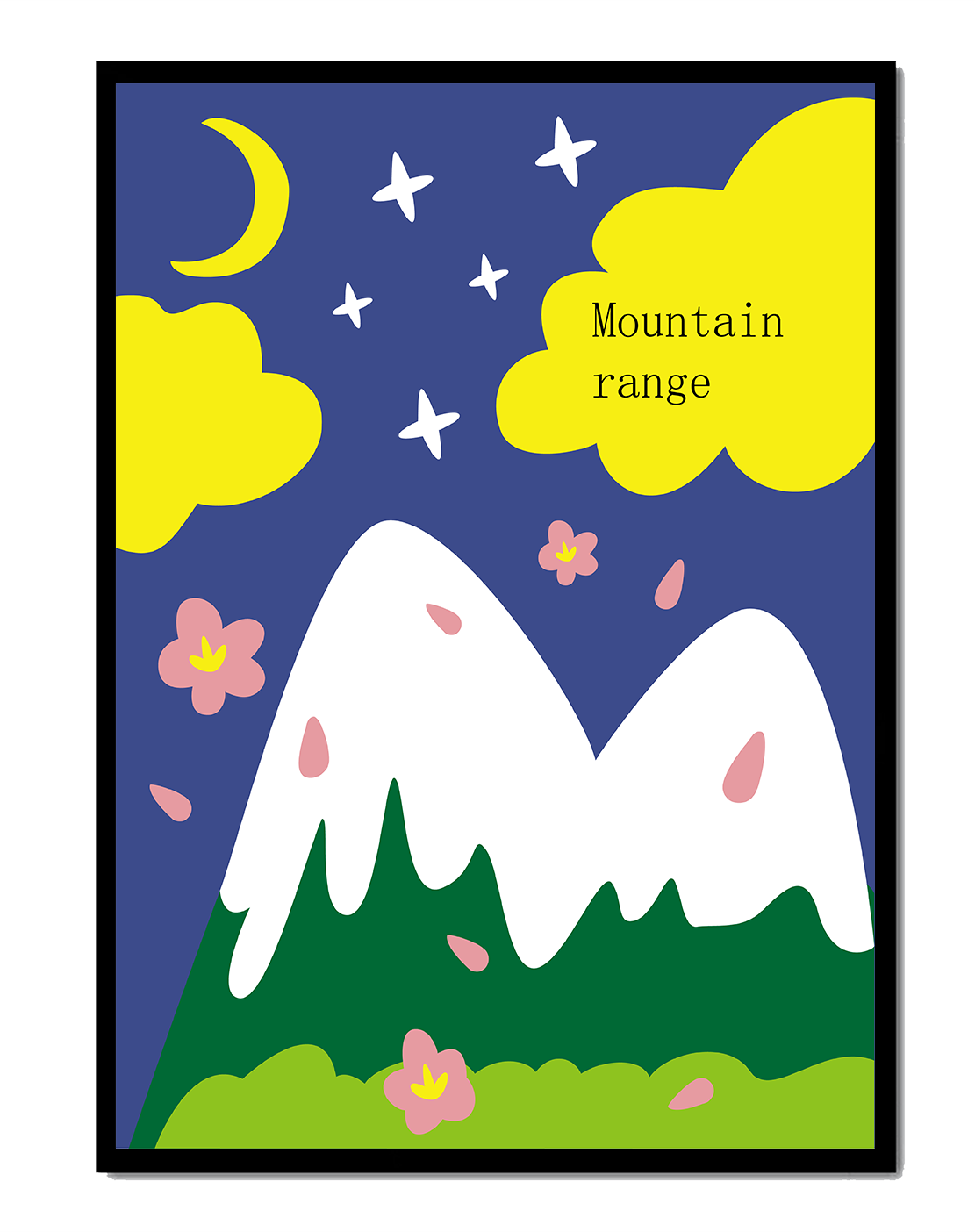 Stylized mountain landscape with starry night background and vibrant clouds