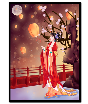 Traditional lantern festival under moonlit sky with cherry blossoms and red bridge