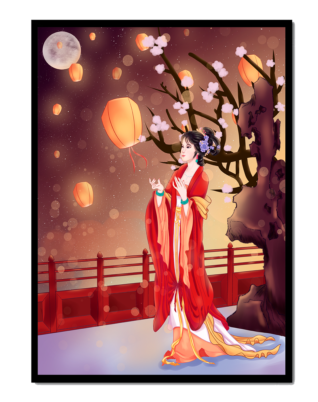 Traditional lantern festival under moonlit sky with cherry blossoms and red bridge