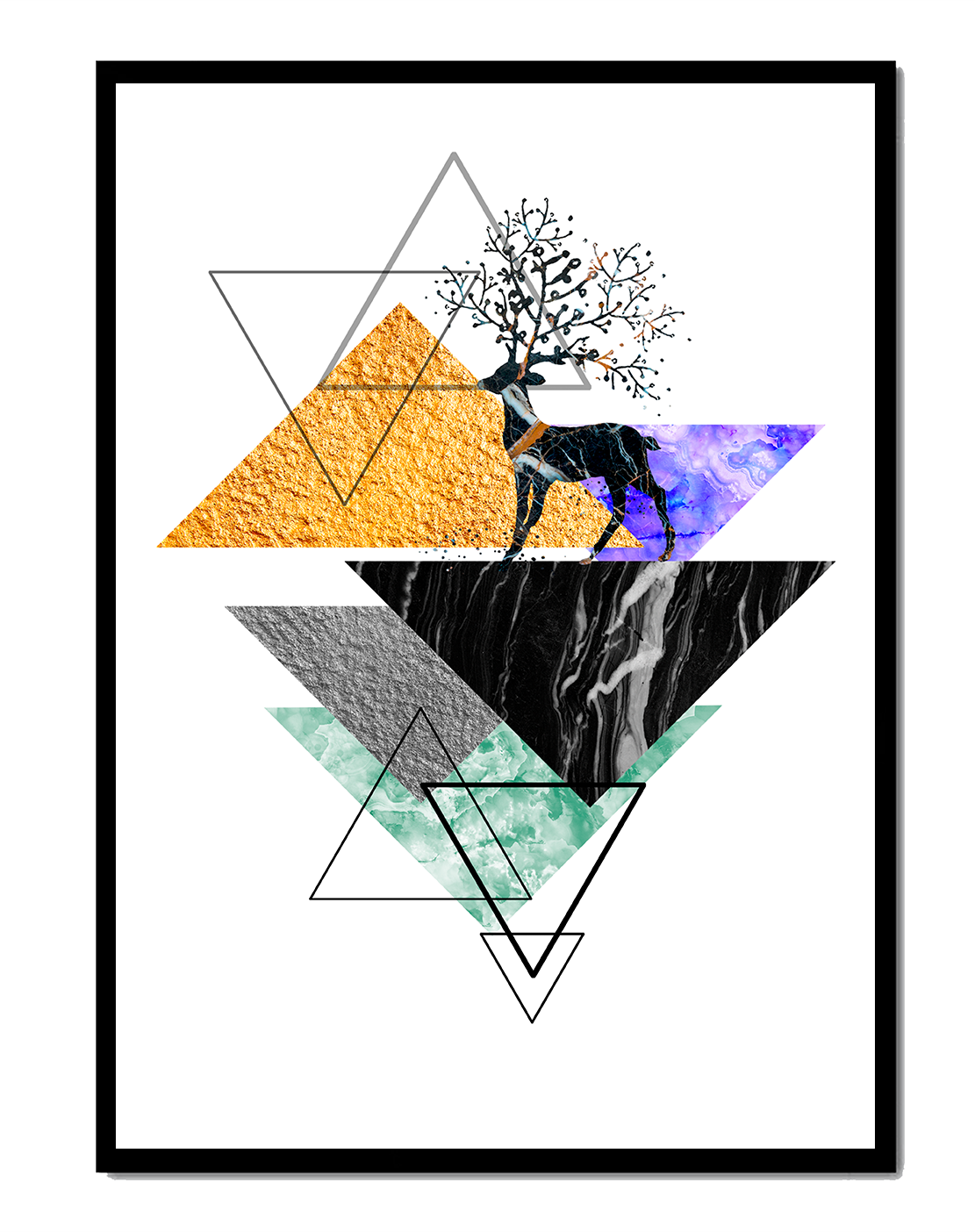 Abstract geometric art with gold and deer silhouette