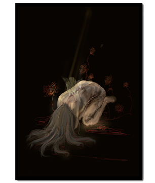 Abstract depiction of a figure surrounded by floral elements