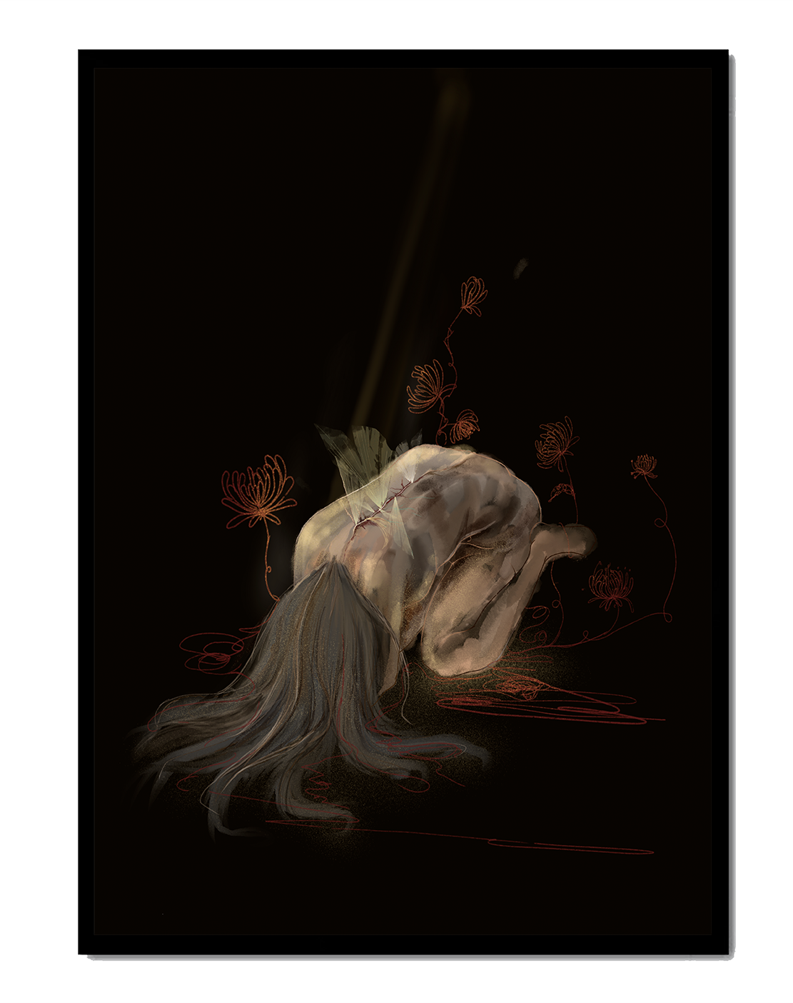Abstract depiction of a figure surrounded by floral elements