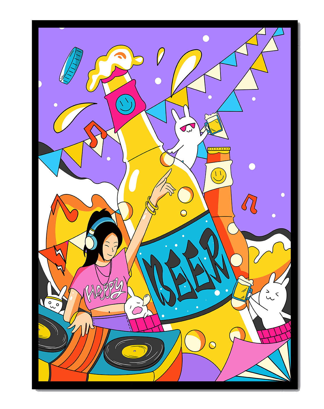 Vibrant Party Scene with DJ and Cartoon Characters