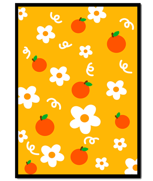 Playful floral and fruity pattern on a vibrant yellow background