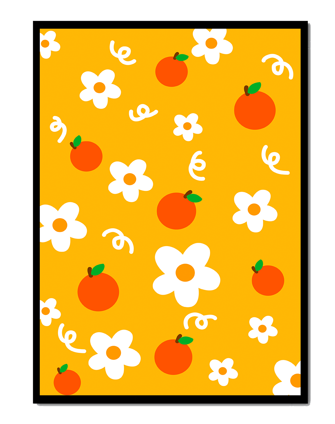 Playful floral and fruity pattern on a vibrant yellow background