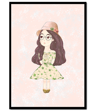 Ilustración encantadora de una niña con vestido y sombrero floral