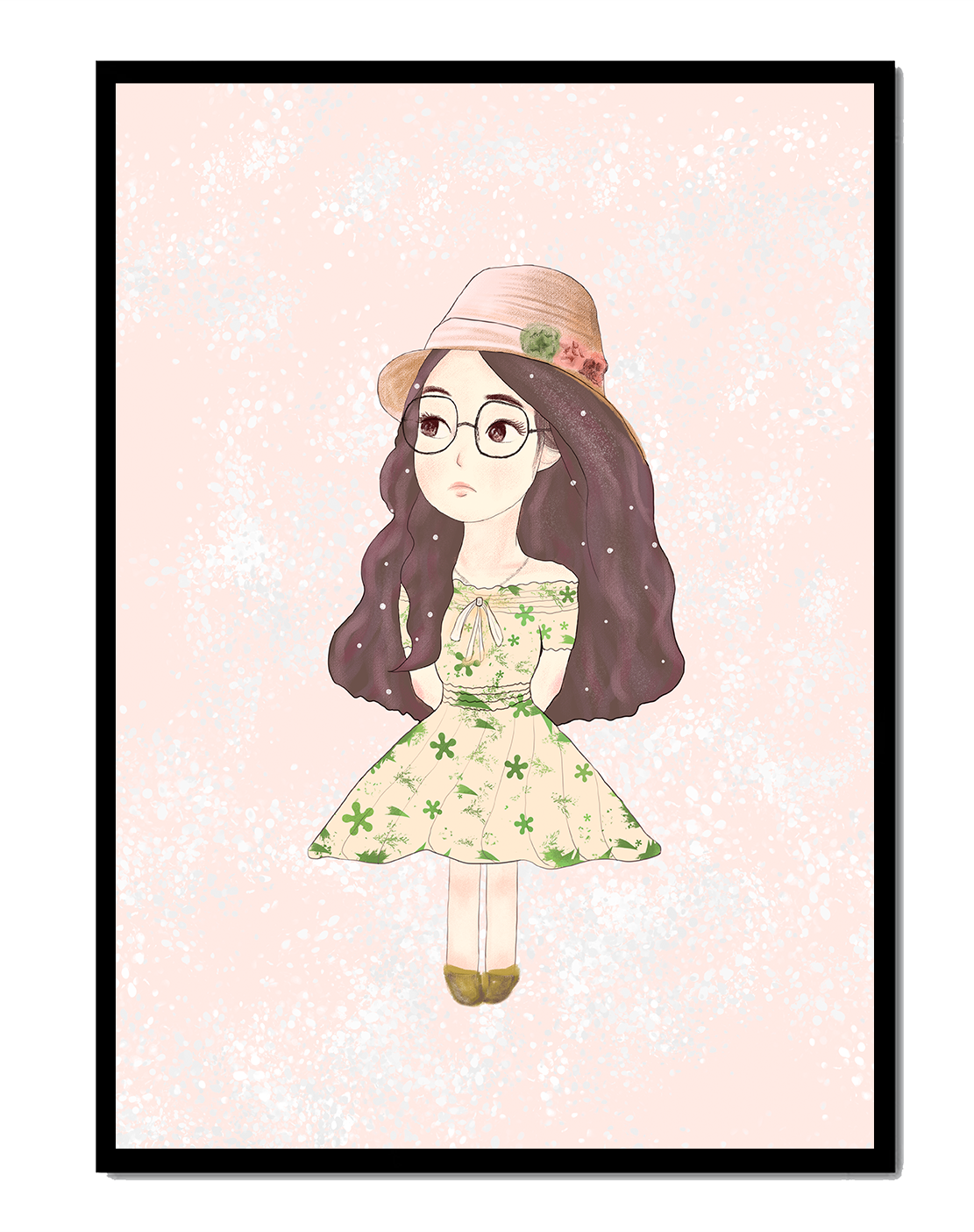 Charming illustration of a girl in a floral dress and hat