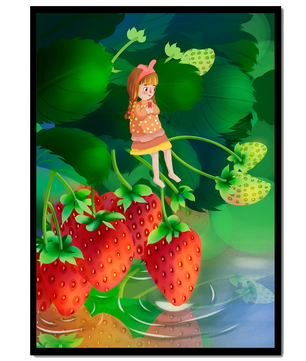 Young girl sitting among large strawberries in a whimsical garden setting