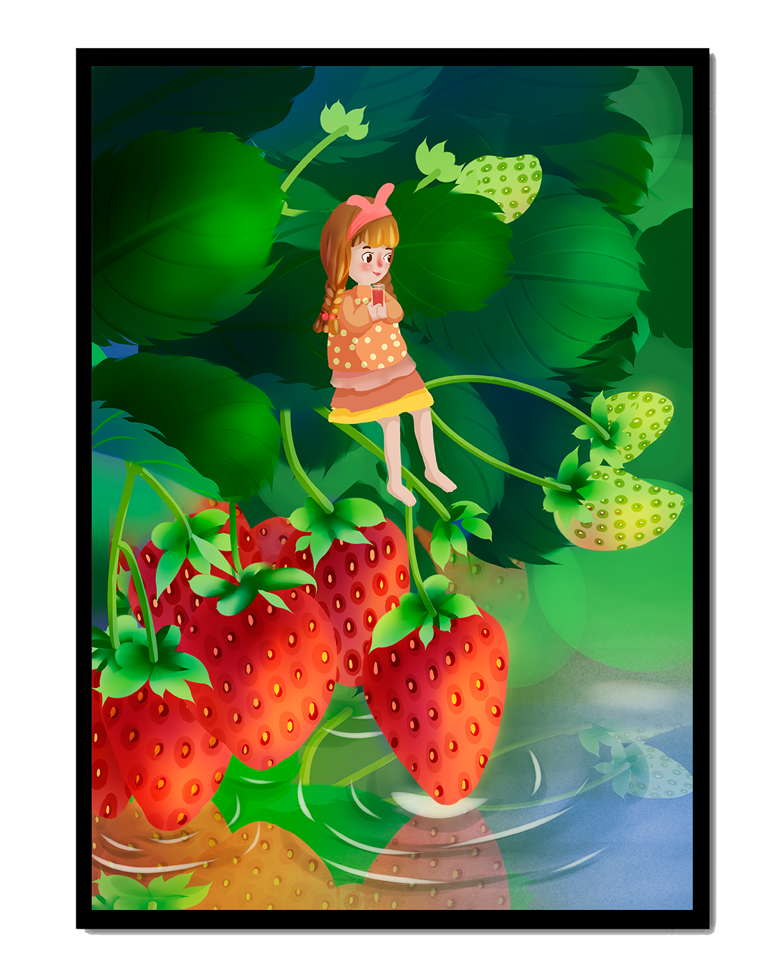 Young girl sitting among large strawberries in a whimsical garden setting