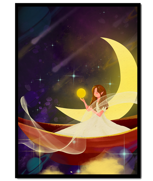 Enchanted night scene with a fairy on a crescent moon