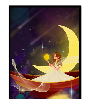 Enchanted night scene with a fairy on a crescent moon