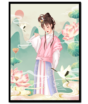 Femme élégante en tenue traditionnelle avec lotus en fleurs et grues