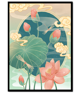 Ruhiges orientalisches Lotus-Design mit Libellen und Wolken