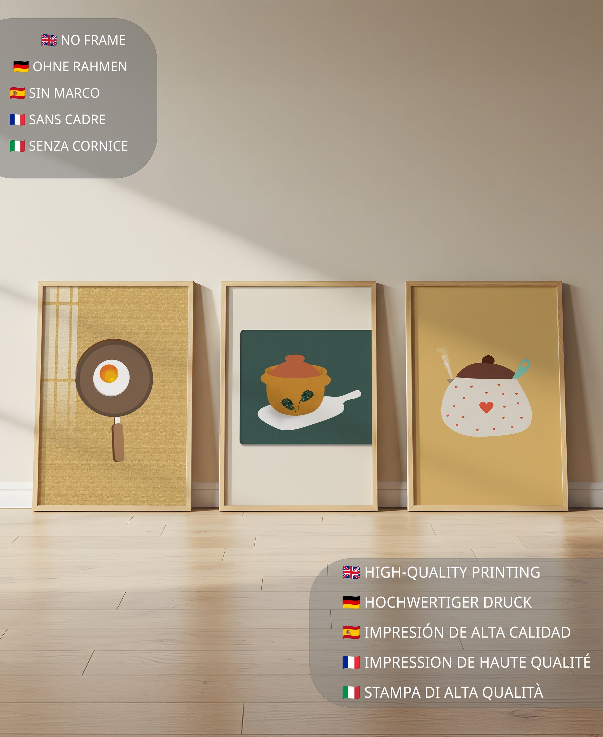 Trio de tableaux de cuisine aux motifs minimalistes et modernes