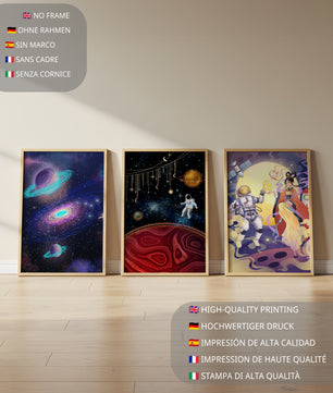 Triptyque d'art spatial avec astronautes en impression de haute qualité