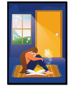 Woman sitting with an open magical book and a fairy in a room