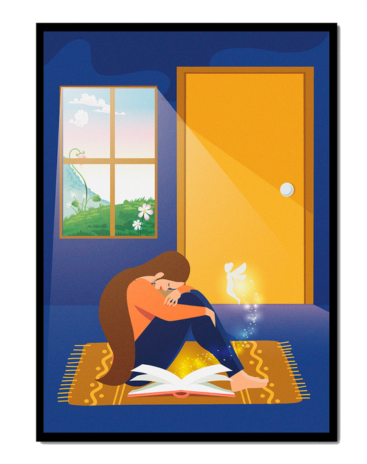 Woman sitting with an open magical book and a fairy in a room