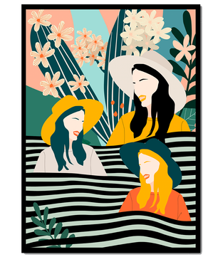 Illustration abstraite colorée de trois femmes avec des éléments floraux et botaniques