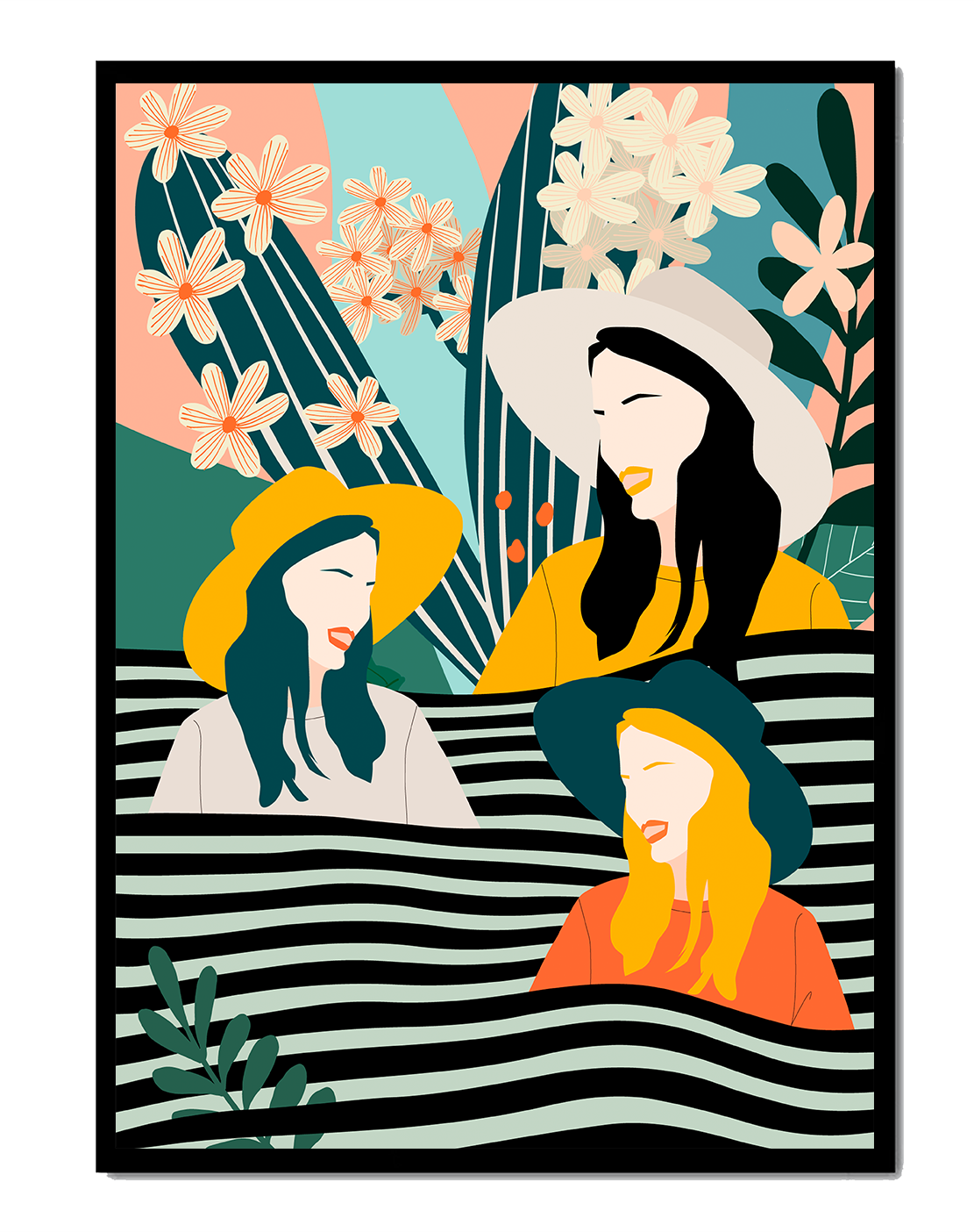 Illustration abstraite colorée de trois femmes avec des éléments floraux et botaniques