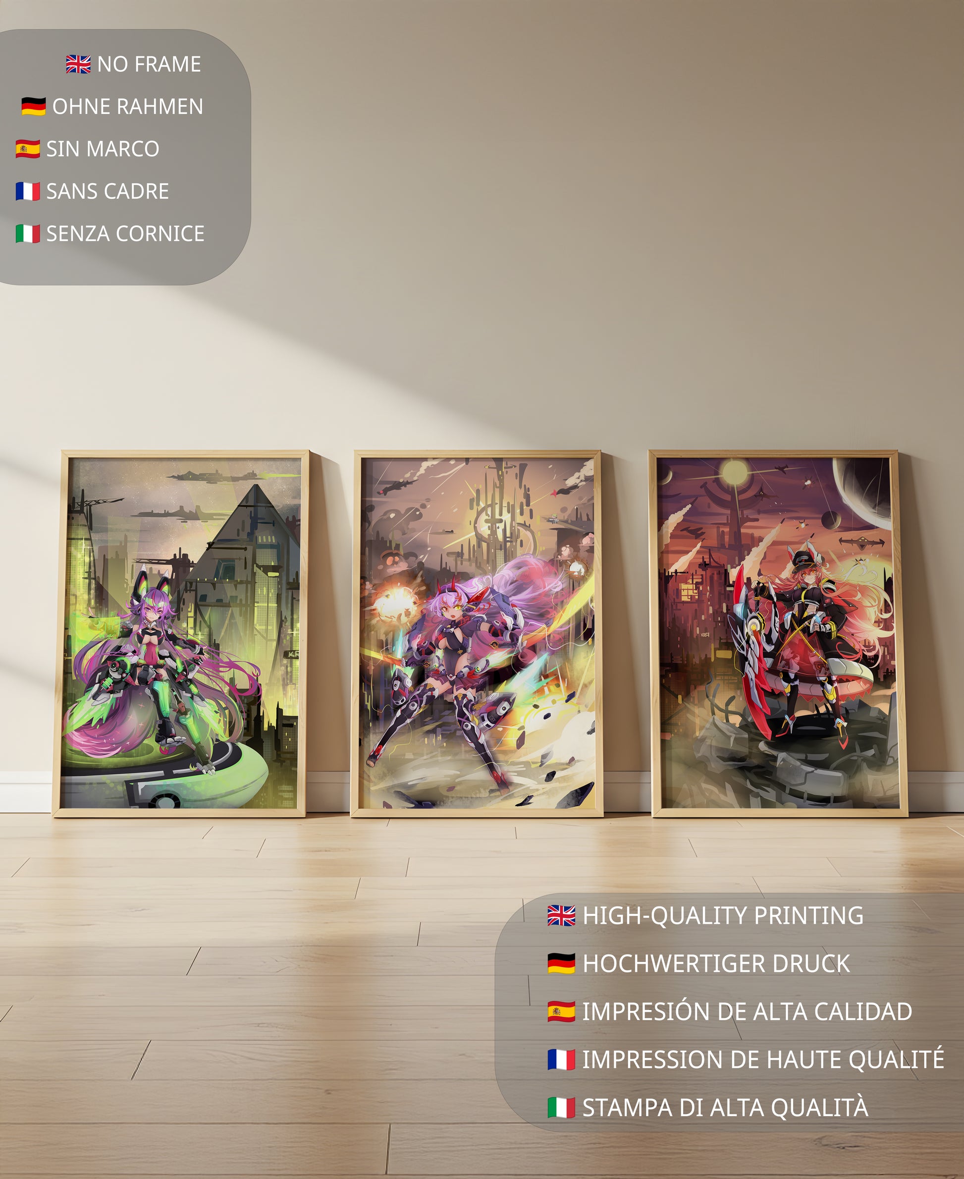 Trio d’illustrations futuristes dans des cadres de couleur claire