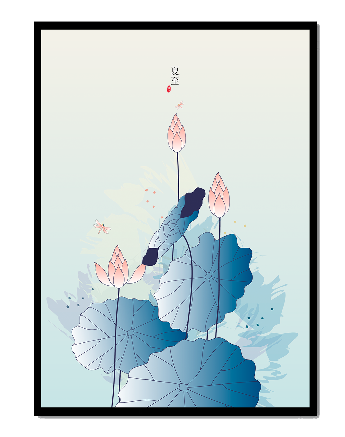 Lotus flower and dragonflies in elegant pastel illustration