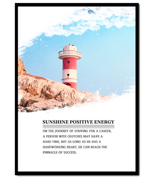 Faro inspirador con texto motivacional y fondo de cielo
