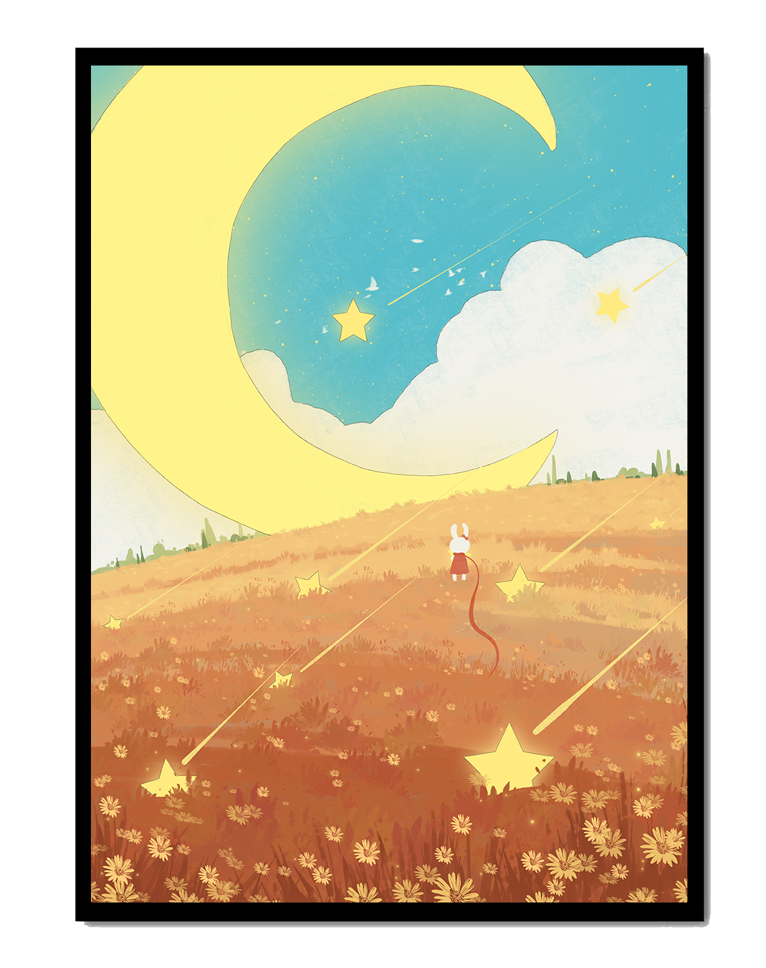 Dreamy Nighttime Landscape with Moon and Stars in a Field