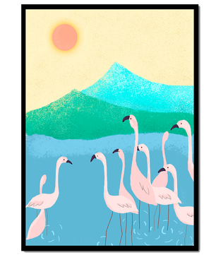 Friedliche Szene mit Flamingos in einer ruhigen Landschaft mit Bergen und Sonnenuntergang