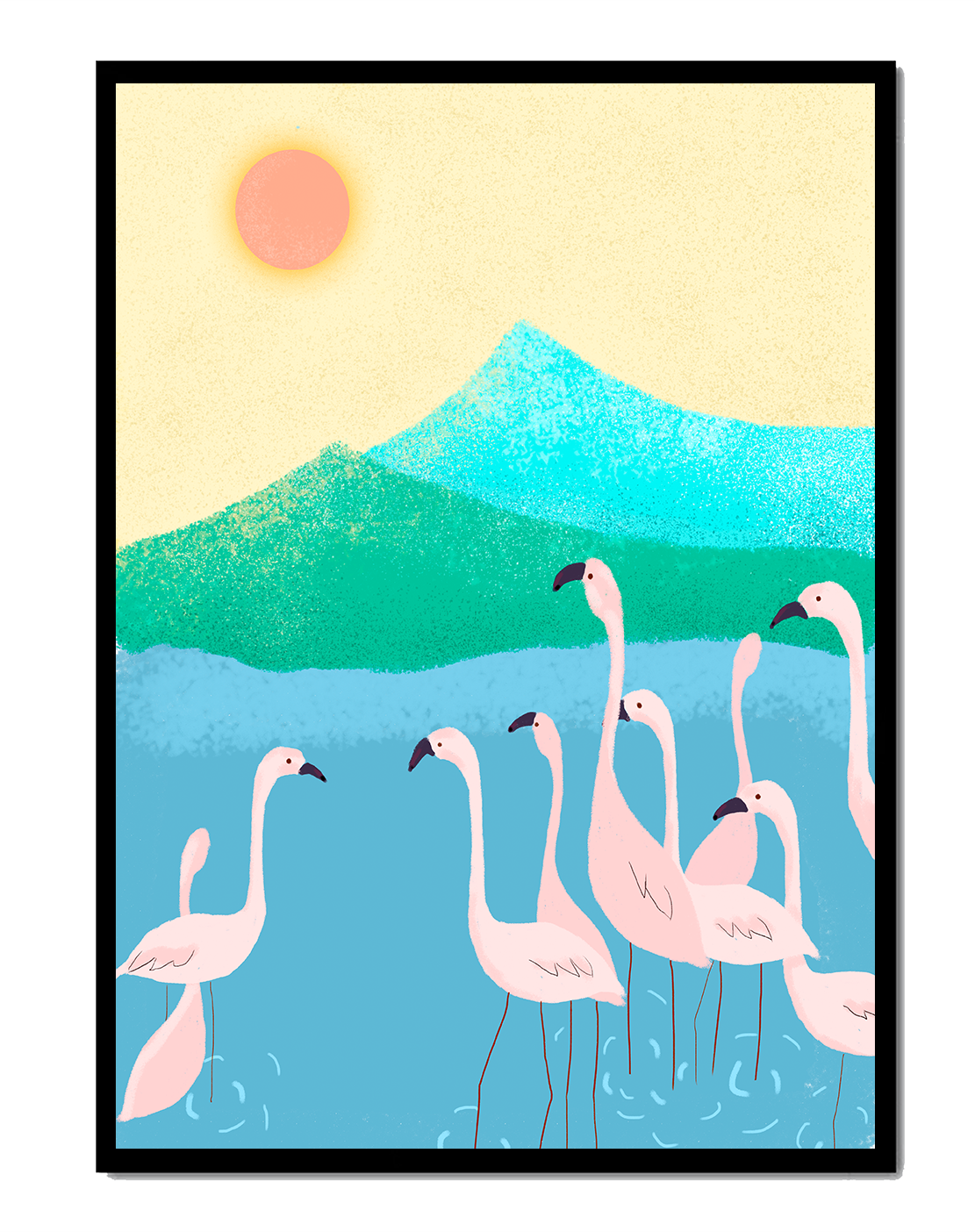 Friedliche Szene mit Flamingos in einer ruhigen Landschaft mit Bergen und Sonnenuntergang