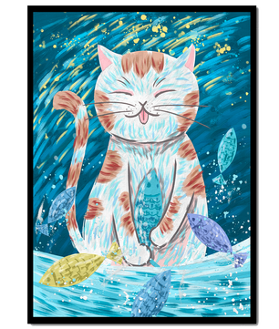 Gato caprichoso con peces coloridos y pinceladas juguetonas