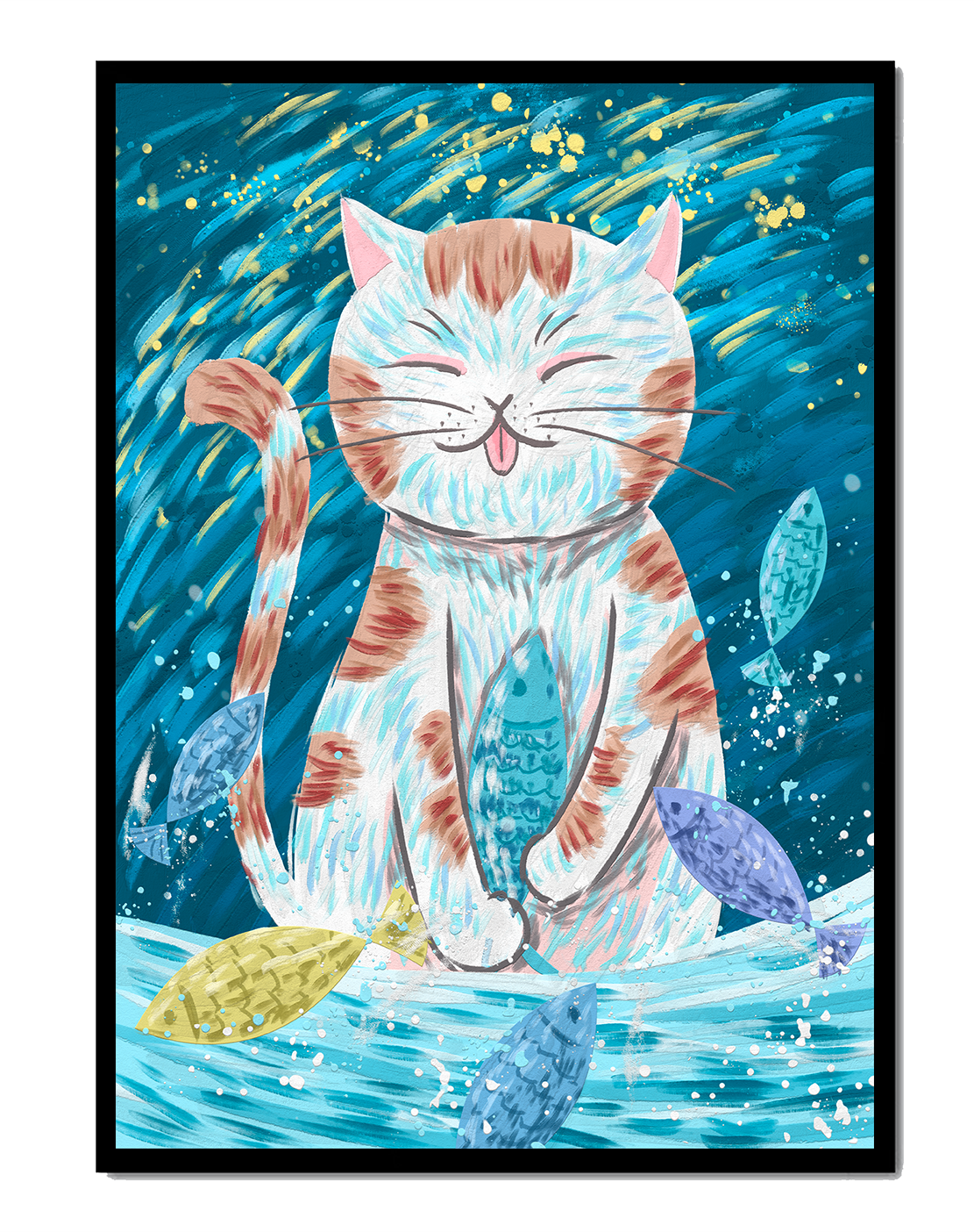 Whimsical cat with colorful fish and playful brushstrokes