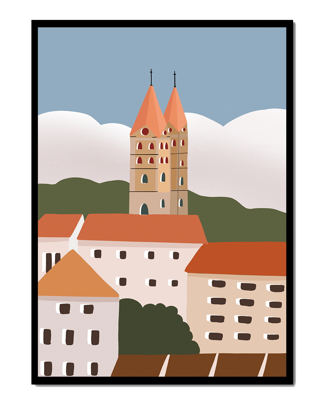 Charming European Cityscape with Church Towers and Colorful Buildings