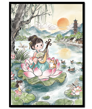 Traditional Asian Scenery with Girl Playing Instrument on Lotus Pond at Sunset