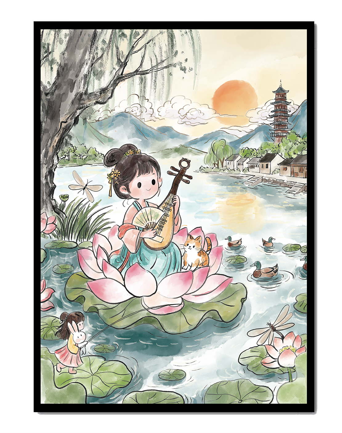 Traditional Asian Scenery with Girl Playing Instrument on Lotus Pond at Sunset