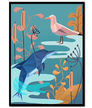 Geometric Dolphin and Seagull with Floral Elements in Abstract Nature