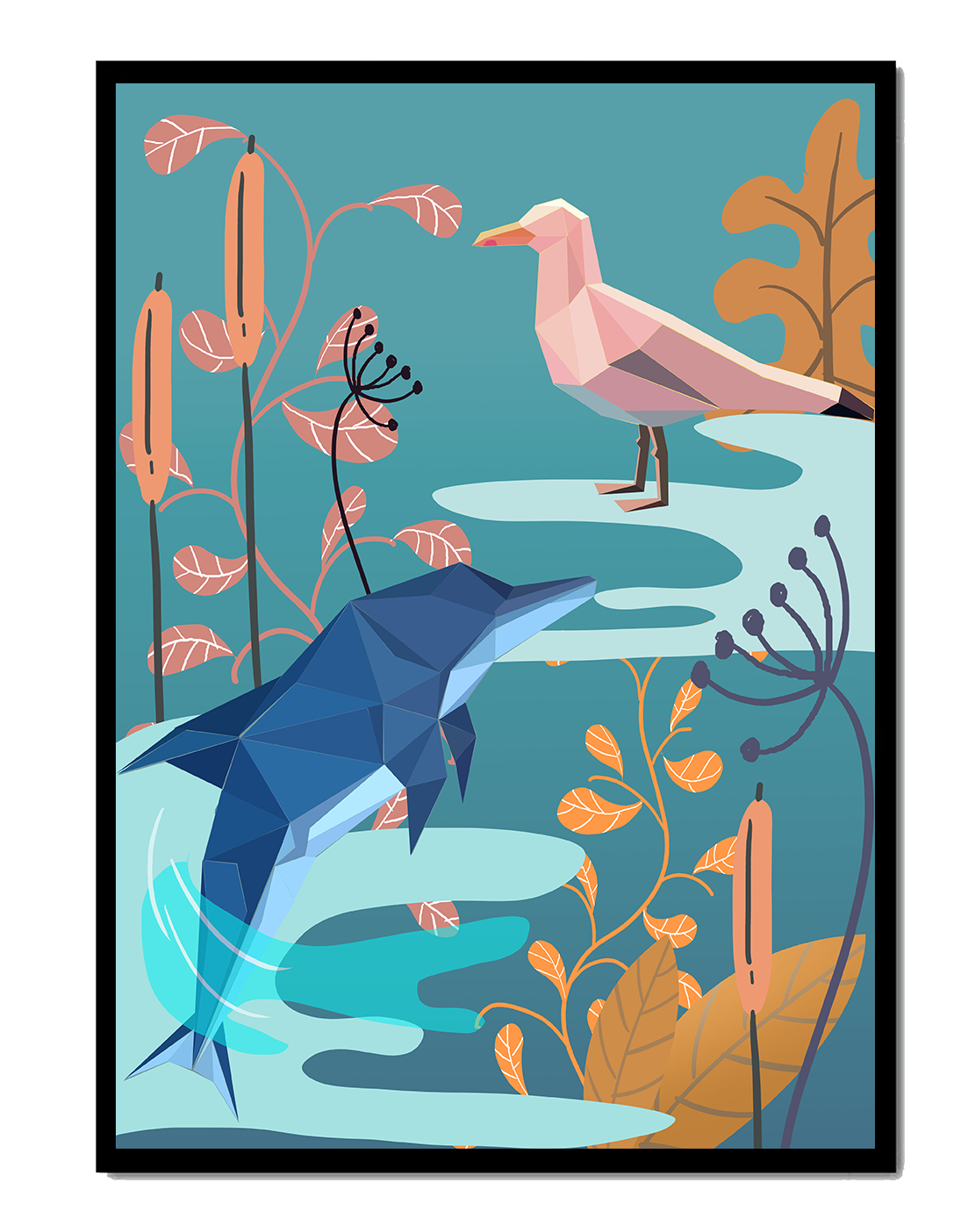 Geometric Dolphin and Seagull with Floral Elements in Abstract Nature