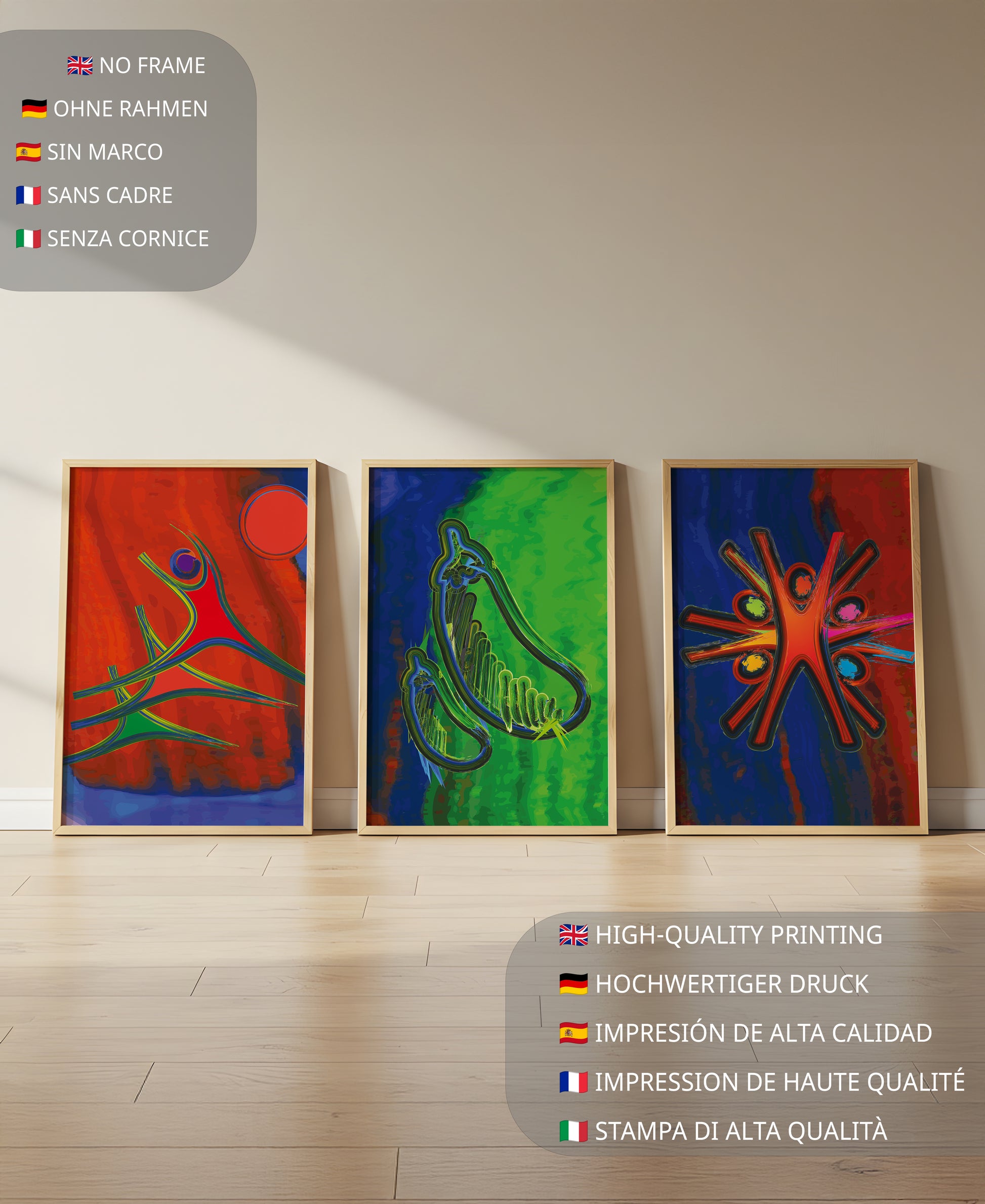 Conjunto de Tres Obras de Arte Abstracto con Elementos en Colores Vibrantes