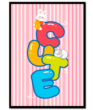 Ilustración lúdica y adorable con conejo y gatito sobre letras coloridas