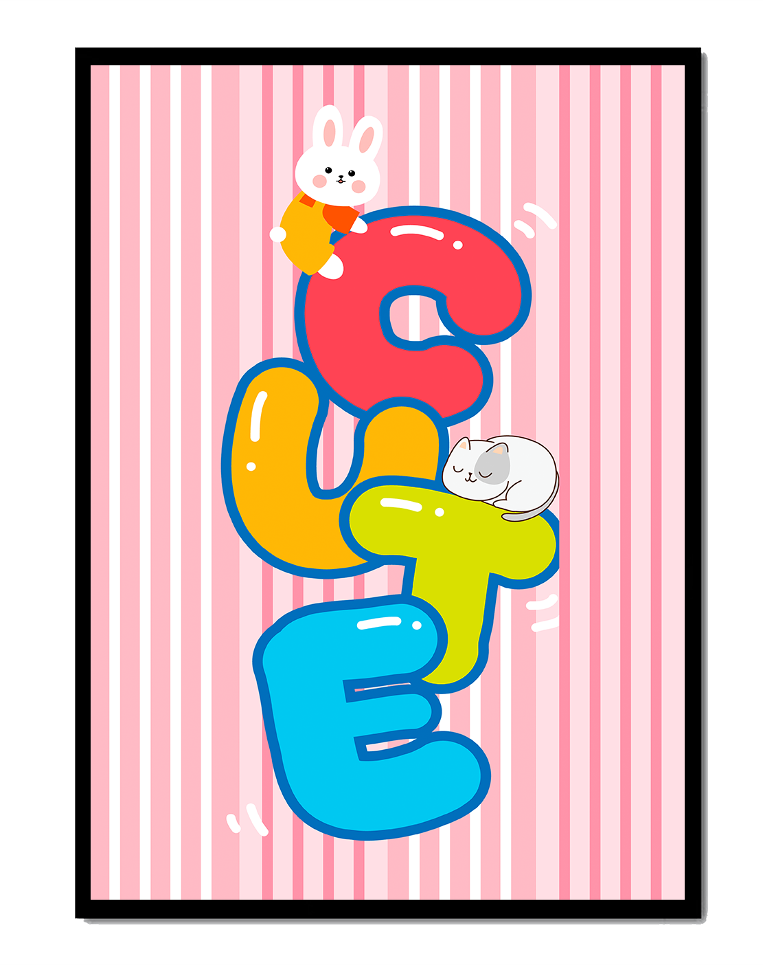 Playful cute illustration with bunny and kitten on colorful letters