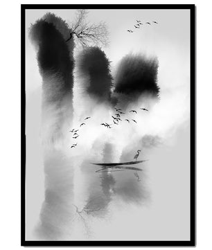 Serene misty landscape with birds and a lone heron - Mi tienda