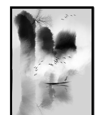 Serene misty landscape with birds and a lone heron