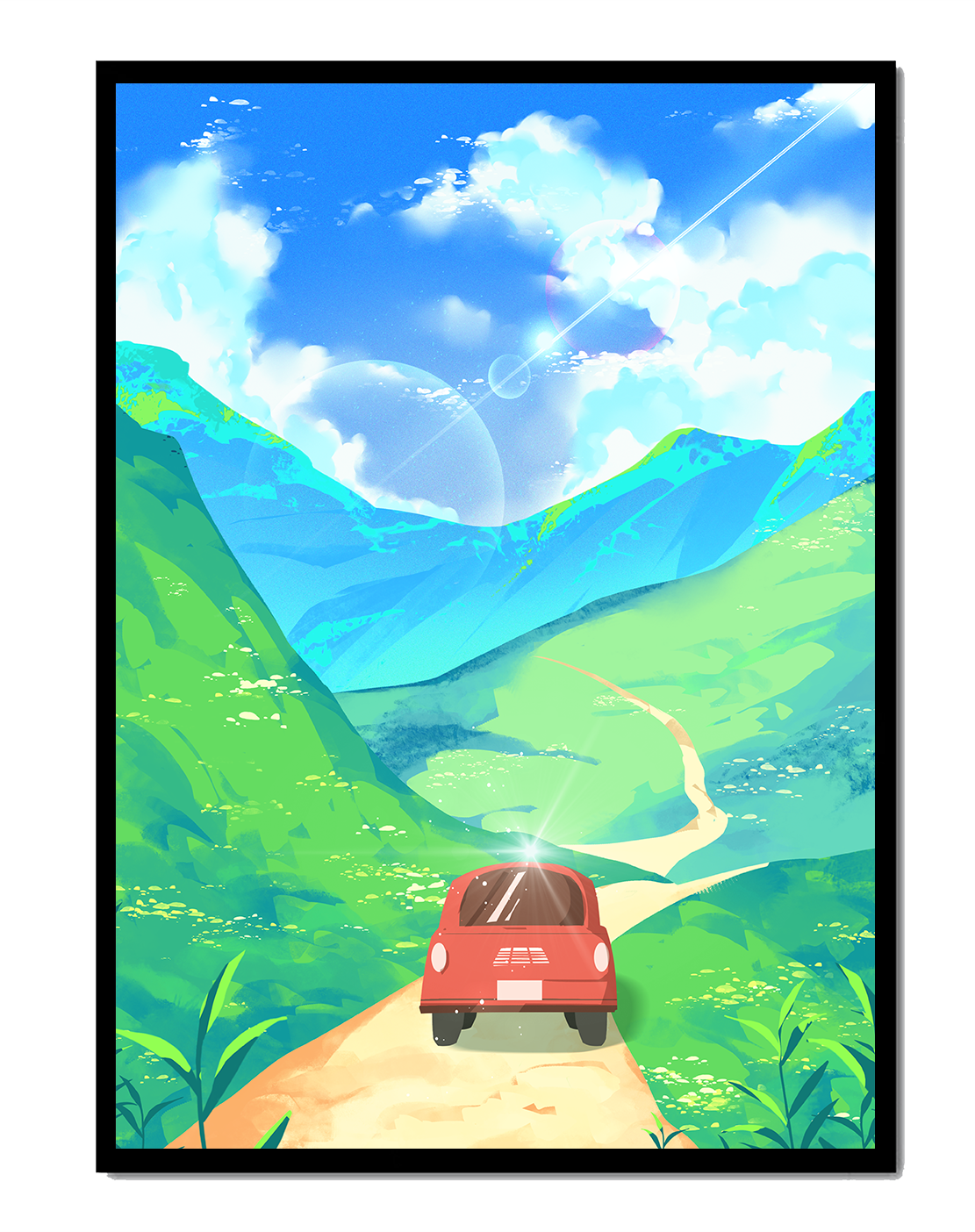 Red Car on a Scenic Road Through Green Hills Under a Vibrant Blue Sky