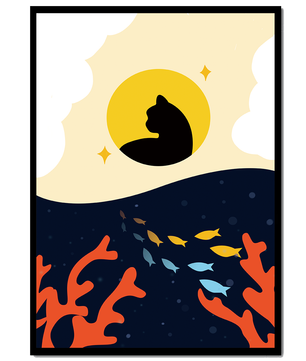Ruhiges abstraktes Design mit Katzensilhouette und lebendiger Unterwasserszene