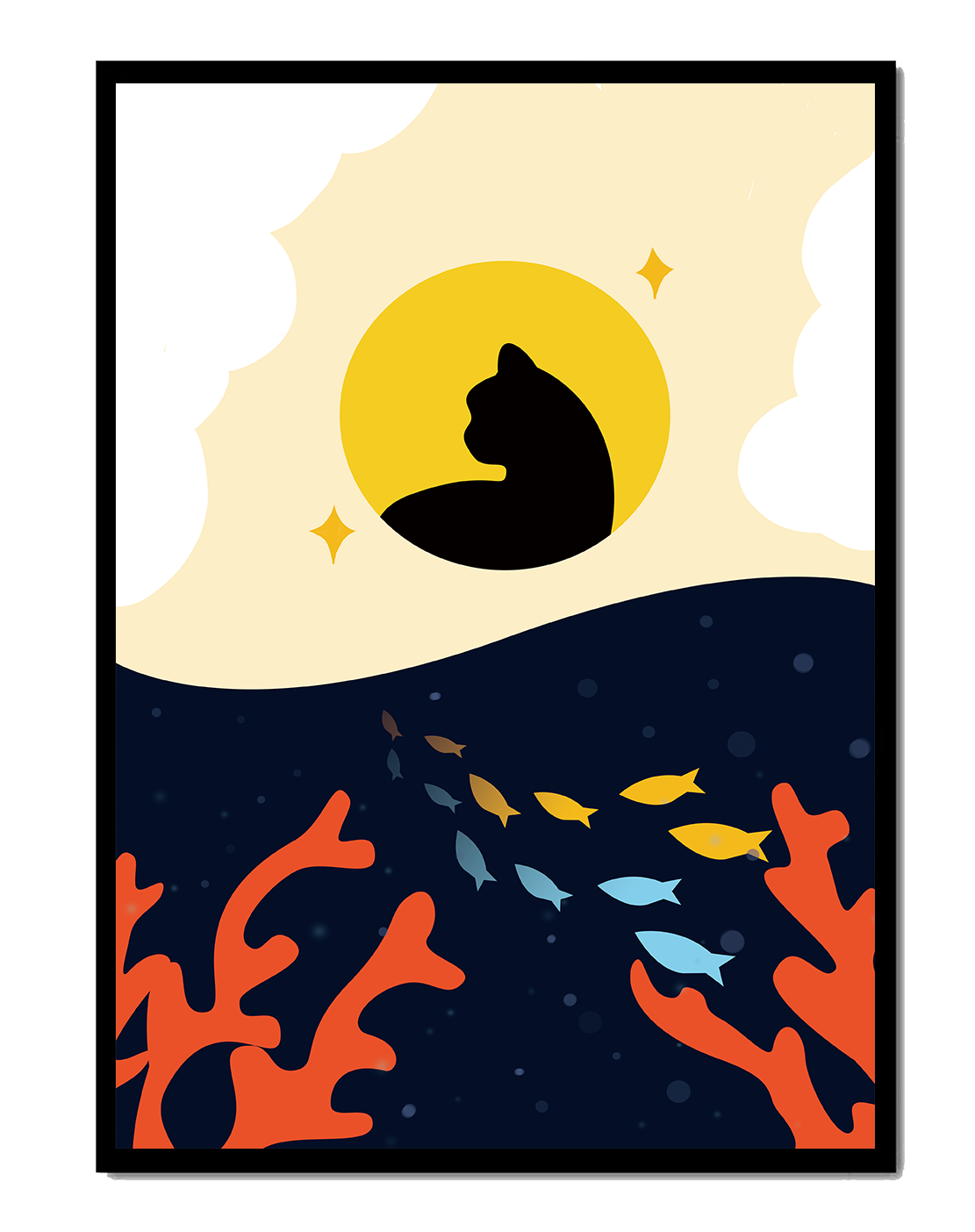Ruhiges abstraktes Design mit Katzensilhouette und lebendiger Unterwasserszene