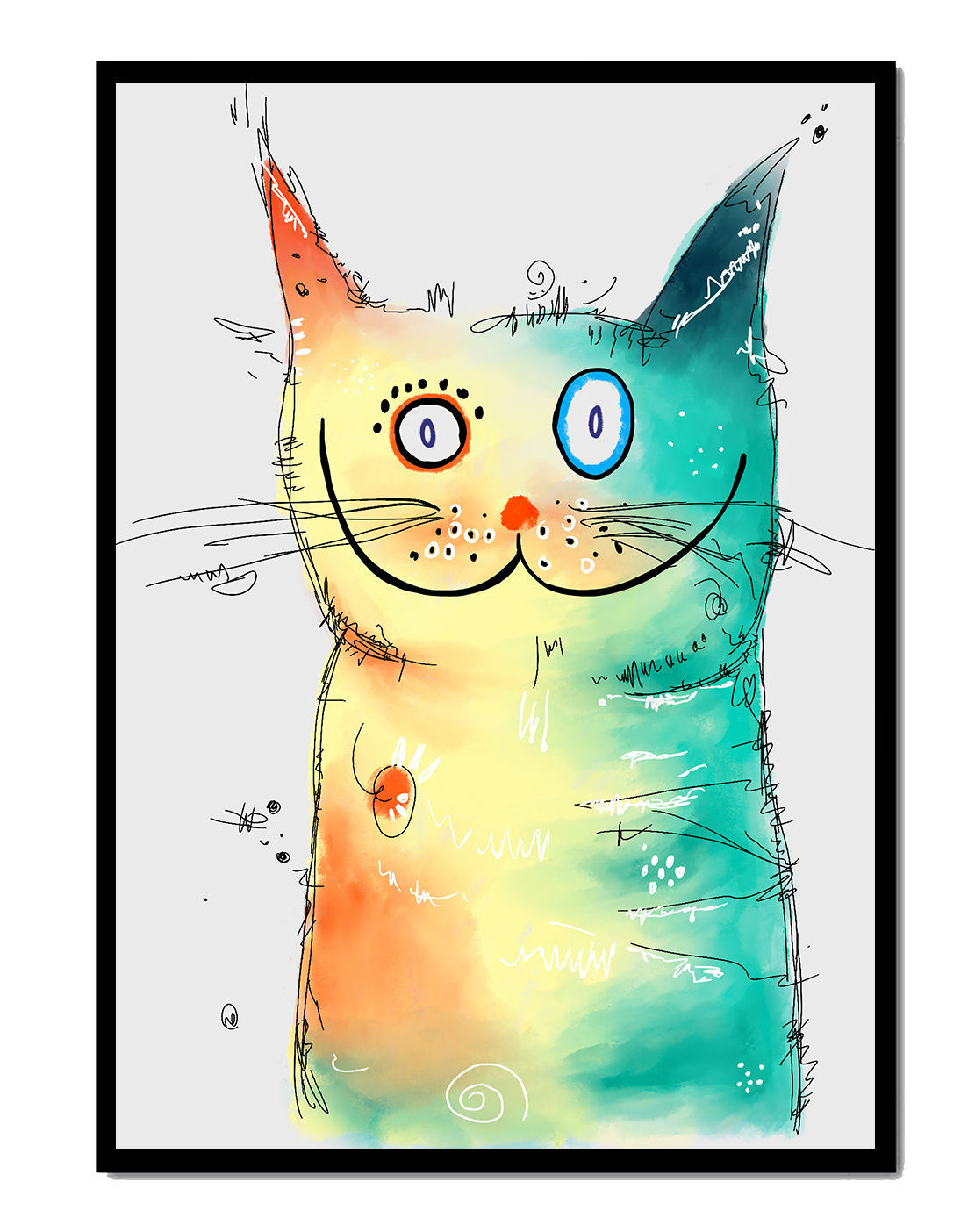 Artistic watercolor cat illustration with vibrant colors