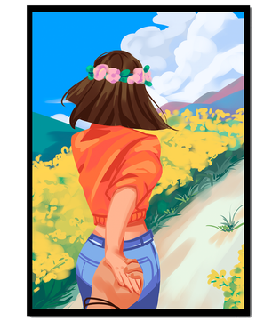 Woman in Nature with Floral Headband and Holding Hands on a Sunny Day