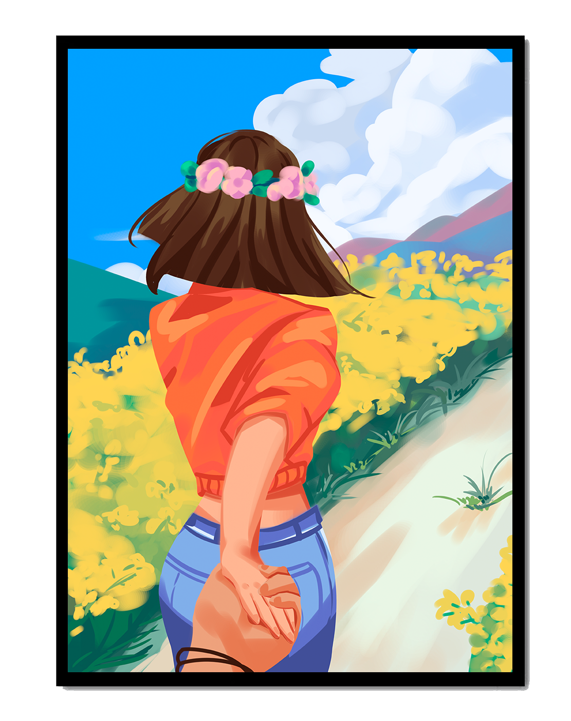 Woman in Nature with Floral Headband and Holding Hands on a Sunny Day