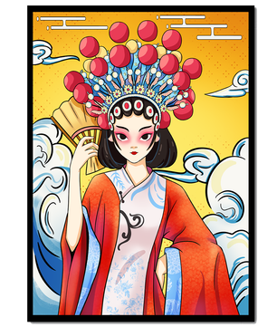 Eine elegante Darstellung asiatischer Kunst mit traditioneller Kleidung und kunstvollem Kopfschmuck