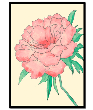 Delicate Pink Peony with Green Leaves Illustration